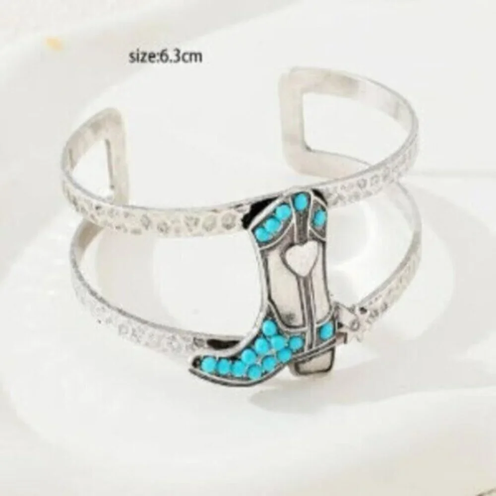 Western Cowboy Boot Turquoise Silver Bangle Bracelet - Picture 3 of 3